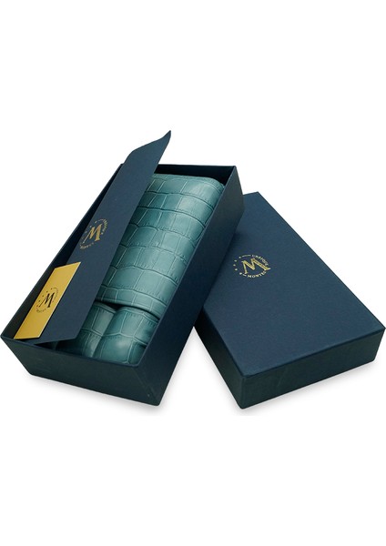 Gerçek Deri El Yapımı Puro Kılıfı Üçlü (60 Ring) Croco Aguamarina