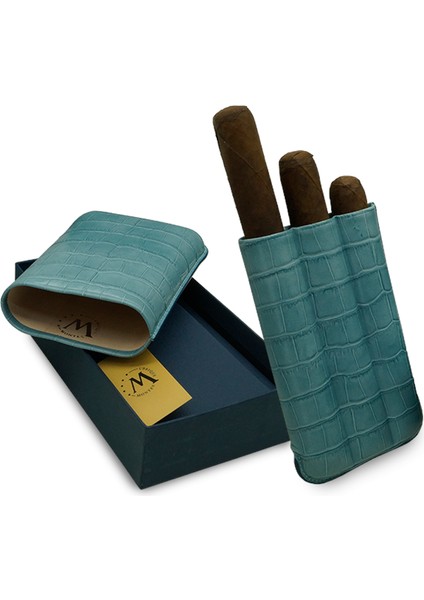 Gerçek Deri El Yapımı Puro Kılıfı Üçlü (60 Ring) Croco Aguamarina