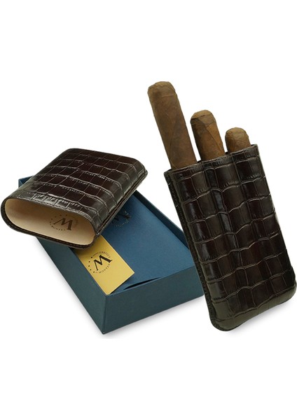 Gerçek Deri El Yapımı Puro Kılıfı Üçlü (60 Ring) Croco Tabaco