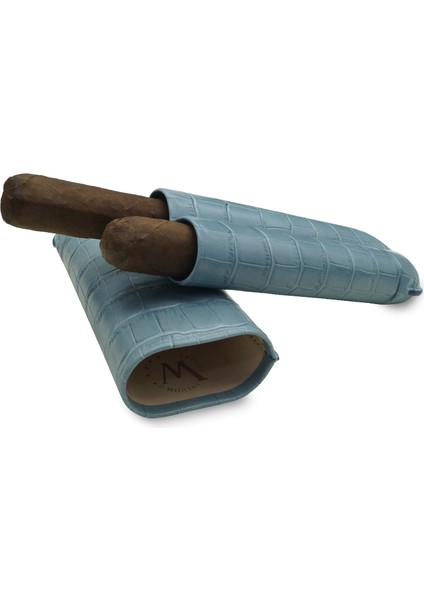 Gerçek Deri El Yapımı Puro Kılıfı Ikili (60 Ring) Croco Aguamarina