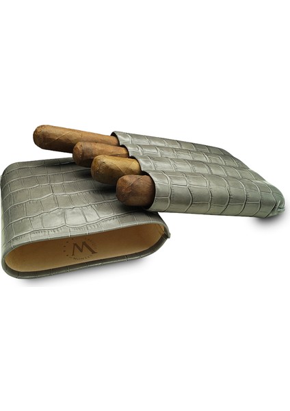 Gerçek Deri El Yapımı Puro Kılıfı Dörtlü (60 Ring) Croco Ceniza