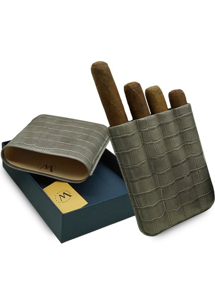 Gerçek Deri El Yapımı Puro Kılıfı Dörtlü (60 Ring) Croco Ceniza