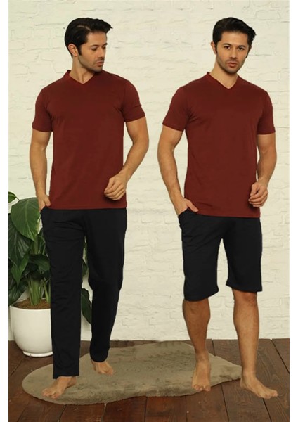 Erkek Bordo V Yaka 3'lü Pijama Takım fırsatları