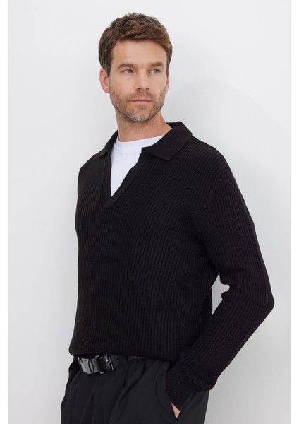 Erkek Slim Fit Dar Kesim Polo Yaka Siyah Kazak