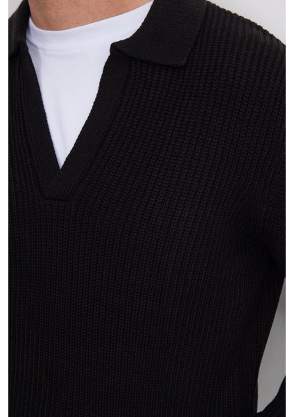 Erkek Slim Fit Dar Kesim Polo Yaka Siyah Kazak modelleri