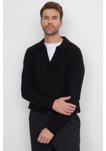 Erkek Slim Fit Dar Kesim Polo Yaka Siyah Kazak indirimleri