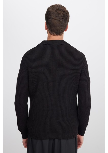 Erkek Slim Fit Dar Kesim Polo Yaka Siyah Kazak