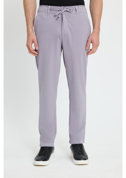 Erkek Slim Fit Dar Kesim Beli Lastikli Bağcık Detaylı Gri Pantolon