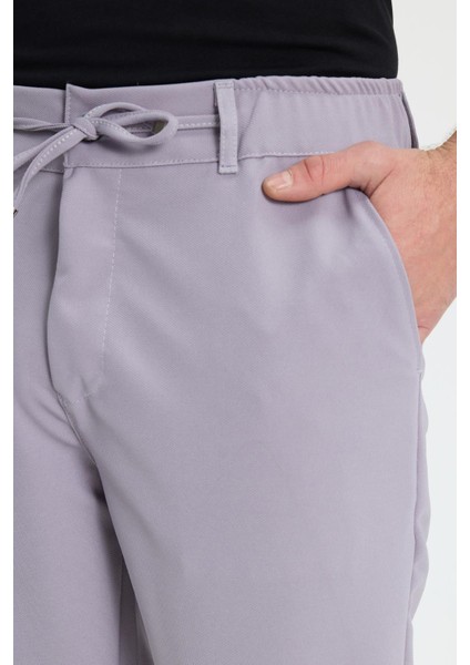 Erkek Slim Fit Dar Kesim Beli Lastikli Bağcık Detaylı Gri Pantolon