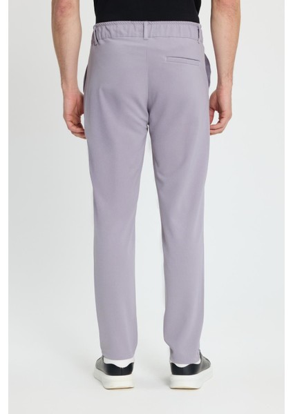 Erkek Slim Fit Dar Kesim Beli Lastikli Bağcık Detaylı Gri Pantolon