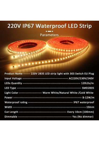 220 V IP68 Su Geçirmez 120 Leds/m LED Şerit Işık Smd 2835 Esnek Şerit Bant Lambası Kapalı Anahtarı Ab Tak Dış Mekan Için 7 M A (Yurt Dışından) fırsatları