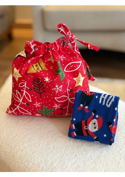Mavi Noel Baba Desenli Keten Bez Kese ve Yılbaşı Çorap Seti, Şık ve Eğlenceli Tasarım fiyatları
