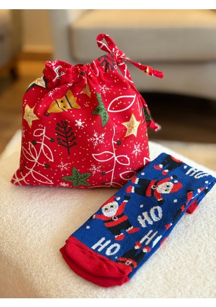 Mavi Noel Baba Desenli Keten Bez Kese ve Yılbaşı Çorap Seti, Şık ve Eğlenceli Tasarım modelleri