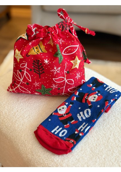 Mavi Noel Baba Desenli Keten Bez Kese ve Yılbaşı Çorap Seti, Şık ve Eğlenceli Tasarım fırsatları
