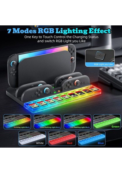 Switch 2 Için 2&#39 Si 1 Arada Şarj Ünitesi ve Oyun Kartı Depolama Istasyonu Için Ns2 Joy-Con Şarj Tabanı Rgb Glow Light ile (Yurt Dışından) modelleri