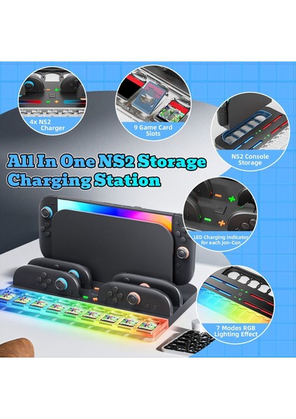 Switch 2 Için 2&#39 Si 1 Arada Şarj Ünitesi ve Oyun Kartı Depolama Istasyonu Için Ns2 Joy-Con Şarj Tabanı Rgb Glow Light ile (Yurt Dışından) fırsatları