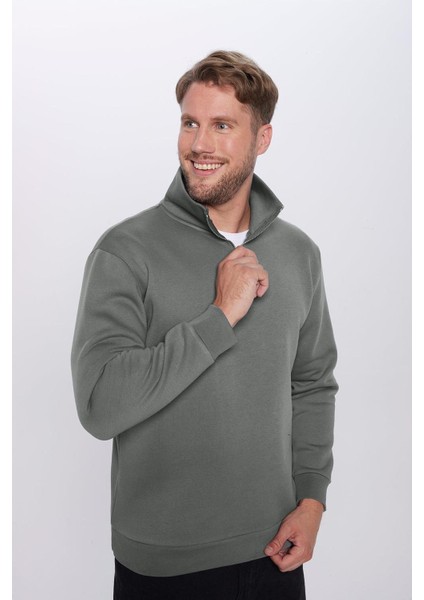 Unisex Relax Fit Rahat Kesim Pamuklu Içi Polarlı Yarım Fermuarlı Gri Dik Yaka Sweatshirt