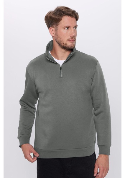 Unisex Relax Fit Rahat Kesim Pamuklu Içi Polarlı Yarım Fermuarlı Gri Dik Yaka Sweatshirt fırsatları