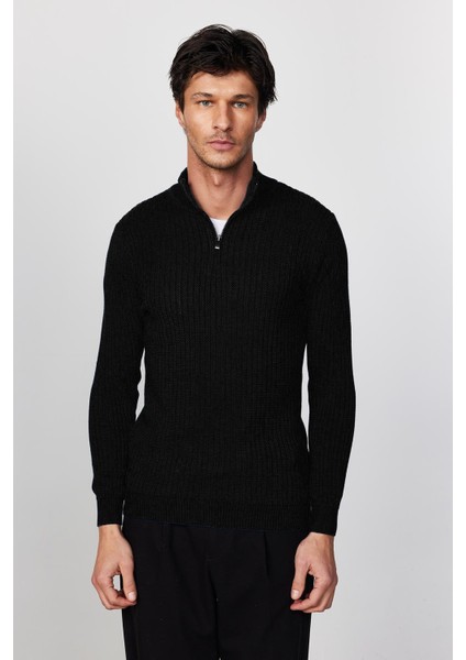 Erkek Slim Fit Dar Kesim Siyah Kazak Fermuarlı Dik Yaka Günlük Stil
