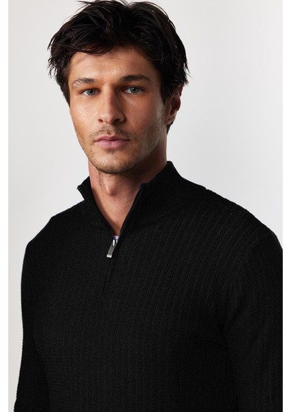 Erkek Slim Fit Dar Kesim Siyah Kazak Fermuarlı Dik Yaka Günlük Stil fiyatları