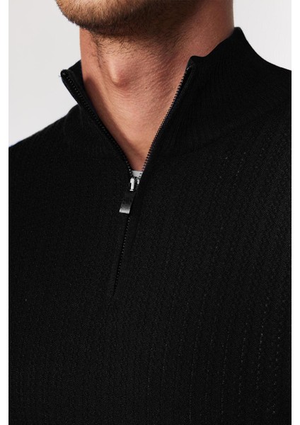 Erkek Slim Fit Dar Kesim Siyah Kazak Fermuarlı Dik Yaka Günlük Stil modelleri