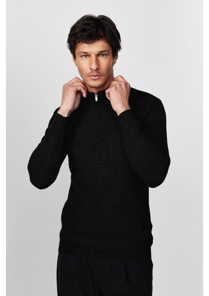 Erkek Slim Fit Dar Kesim Siyah Kazak Fermuarlı Dik Yaka Günlük Stil fırsatları