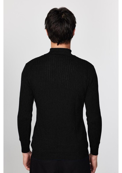 Erkek Slim Fit Dar Kesim Siyah Kazak Fermuarlı Dik Yaka Günlük Stil indirimleri