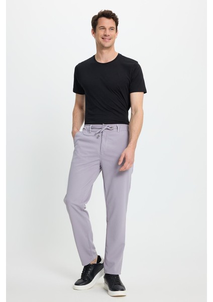 Erkek Slim Fit Dar Kesim Beli Lastikli Bağcık Detaylı Gri Pantolon