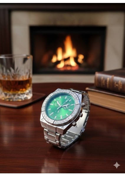 Lüks Tasarım Versage Stil Erkek Kol Saati Gümüş Yeşil Kadran Şık Çelik Erkek Kol Saati