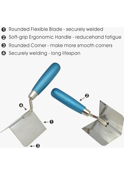 Parça Köşe Alet Seti, Yumuşak Tutacaklı Iç Köşe Bıçağı ve Dış Köşe Bıçağı, Sıvama, Tuğla Örme ve Köşe (Yurt Dışından) modelleri