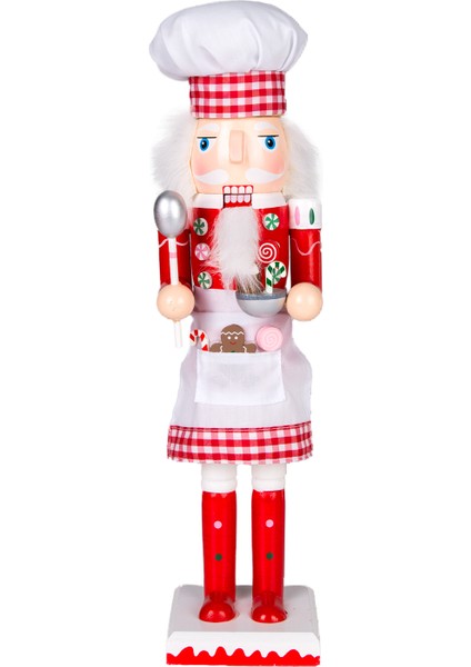 Yılbaşı Süsü, Ahşap Aşçı, Kırmızı-Beyaz - Önlüklü, Elinde Kase ve Kep