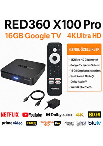RED360 X100 Pro 16GB Google TV 4K Çözünürlük 2GB RAM Wi-Fi ve Ethernet Desteği