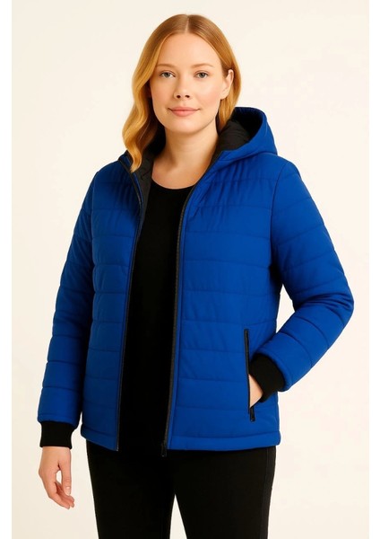 Şişme Kapüşonlu Fermuarlı Mont Su Itici Kapitone Astarlı Kumaş Cepli Kışlık Rahat Kalıp - Saks Mavisi