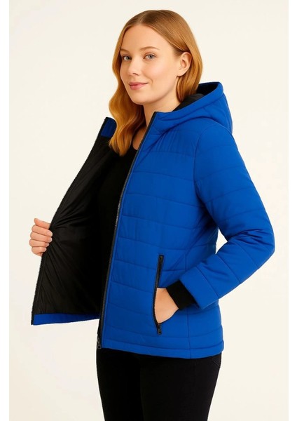 Şişme Kapüşonlu Fermuarlı Mont Su Itici Kapitone Astarlı Kumaş Cepli Kışlık Rahat Kalıp - Saks Mavisi fiyatları