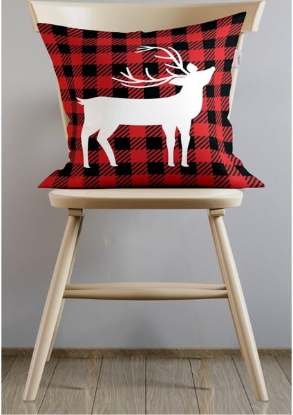 Kırmızı Geyikli Ekose Kırlent Kılıfı, Yılbaşı ve Noel Temalı, Şık ve Canlı Dekoratif Örtü