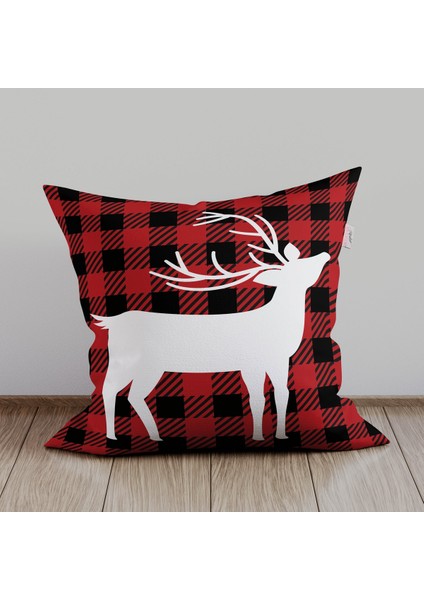 Kırmızı Geyikli Ekose Kırlent Kılıfı, Yılbaşı ve Noel Temalı, Şık ve Canlı Dekoratif Örtü fiyatları