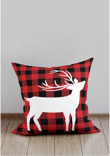 Kırmızı Geyikli Ekose Kırlent Kılıfı, Yılbaşı ve Noel Temalı, Şık ve Canlı Dekoratif Örtü modelleri