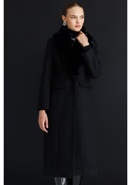 Yakası Kürklü Uzun Siyah Yünlü Kaşe Palto fırsatları