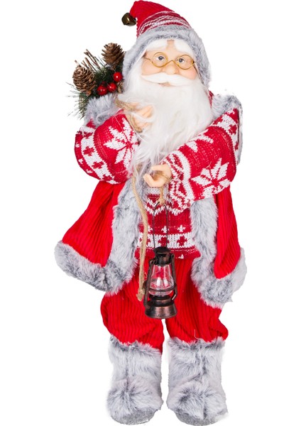 Yılbaşı Noel Baba, Fener Taşıyan, Kırmızı-Gri - 18X45 cm