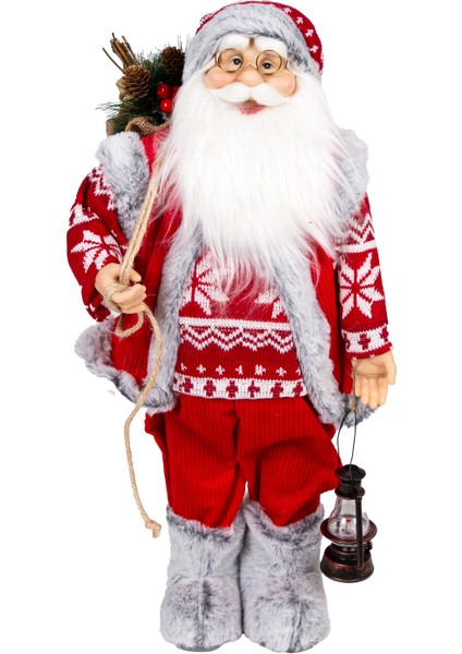 Yılbaşı Noel Baba, Fener Taşıyan, Kırmızı-Gri - 28X60 cm