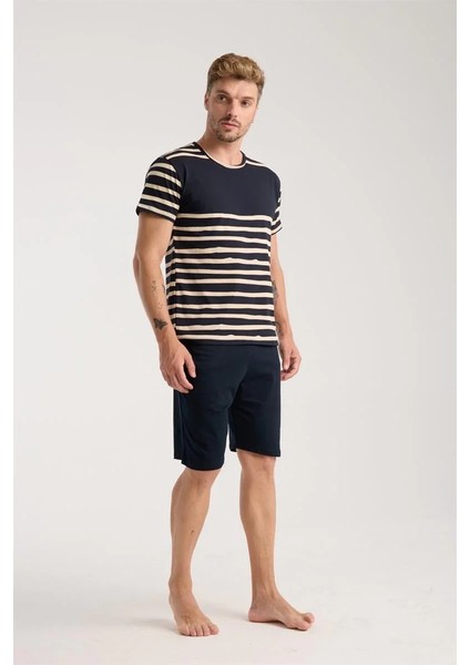 Erkek Lacivert Sıfır Yaka Kısa Kol Şortlu Pijama Takımı