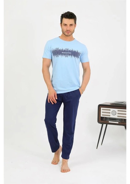 Erkek Pamuk Kısa Kol Pijama Takım Mavi