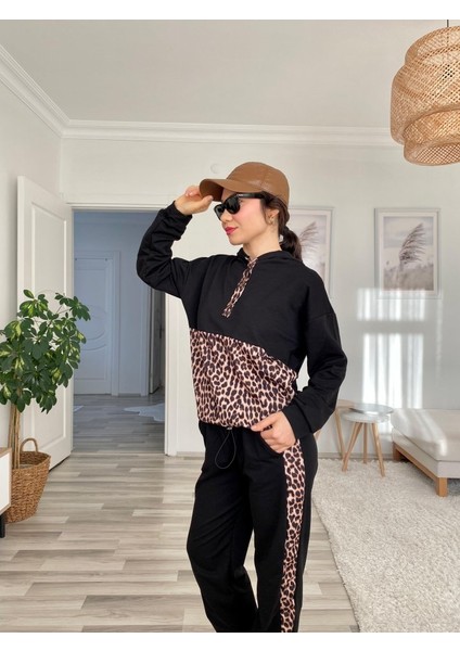 Kadın Uzun Kollu Leopar Detay Sweat ve Yanı Leopar Şerit Detay Pantolon Ikili Takım fırsatları