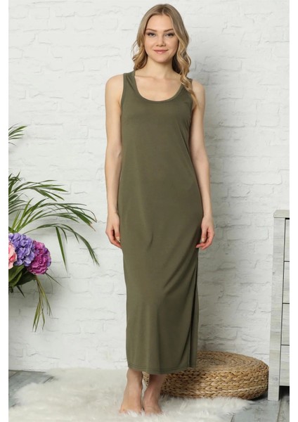 Kalın Askılı Haki Penye Uzun Gecelik