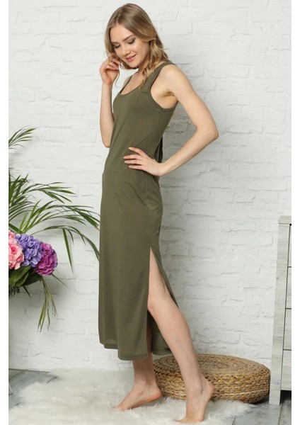 Kalın Askılı Haki Penye Uzun Gecelik fiyatları