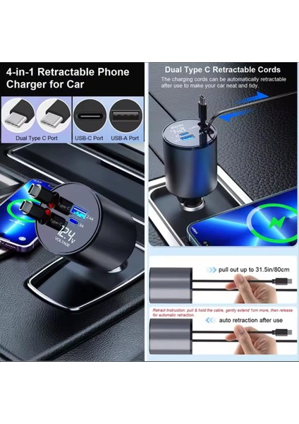 Geri Çekilebilir Araba Şarj Cihazı 4&#39 Ü Hızlı Araba Telefon Şarj Cihazı Çift-C Type-C 120W Çar Maşif USB Araba Şarj Cihazı Adaptörü (Yurt Dışından) fiyatları