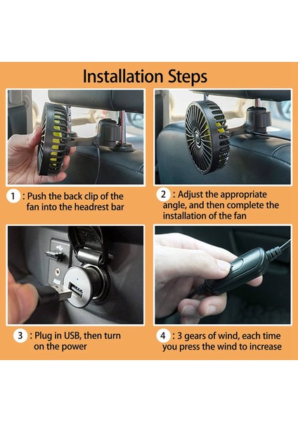 2x Araba Soğutma Fanı USB Arka Arka Koltuk Fanı 3 Hızlı Araç Klip Fanı Araba Araç Kamyonu Van Suv Rv Tekne Otobüs (Yurt Dışından) fırsatları