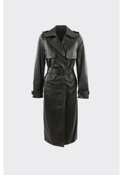 Siyah Kadın Deri Trençkot