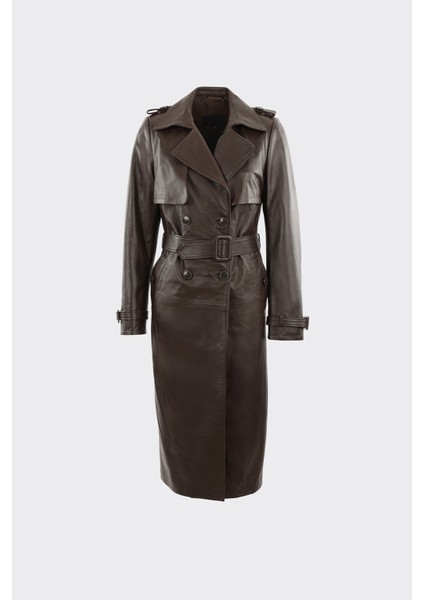 Kahve Kadın Deri Trençkot