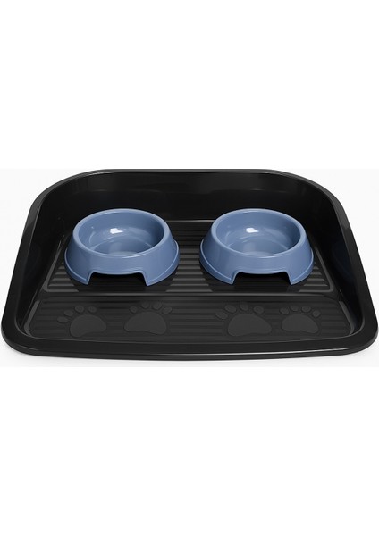 Kaymaz Tabanlı Kedi Köpek Mama Su Kabı Seti – 2’li Mavi Kaplı, Siperlikli Hijyenik Mama Altlığı